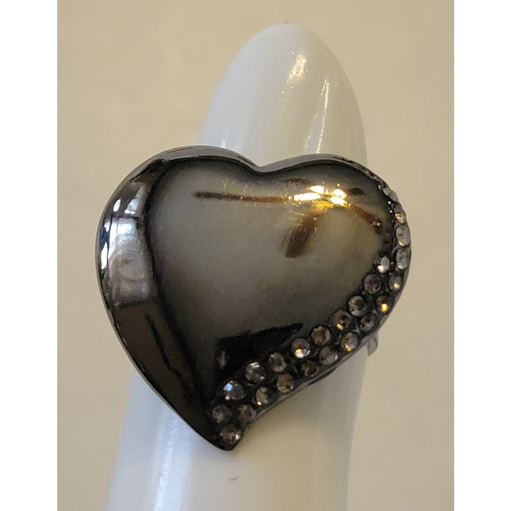 Vintage Gothic Punk Estate Ring Black Tone Heart Shaped Rhinestone Bling Jewelry